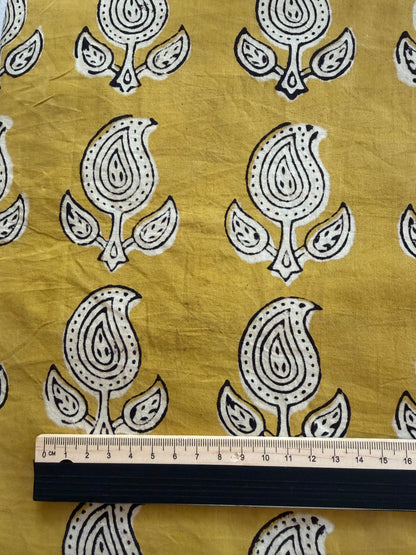 Indian Block Print Cotton Fabric - Yellow With Paisley
