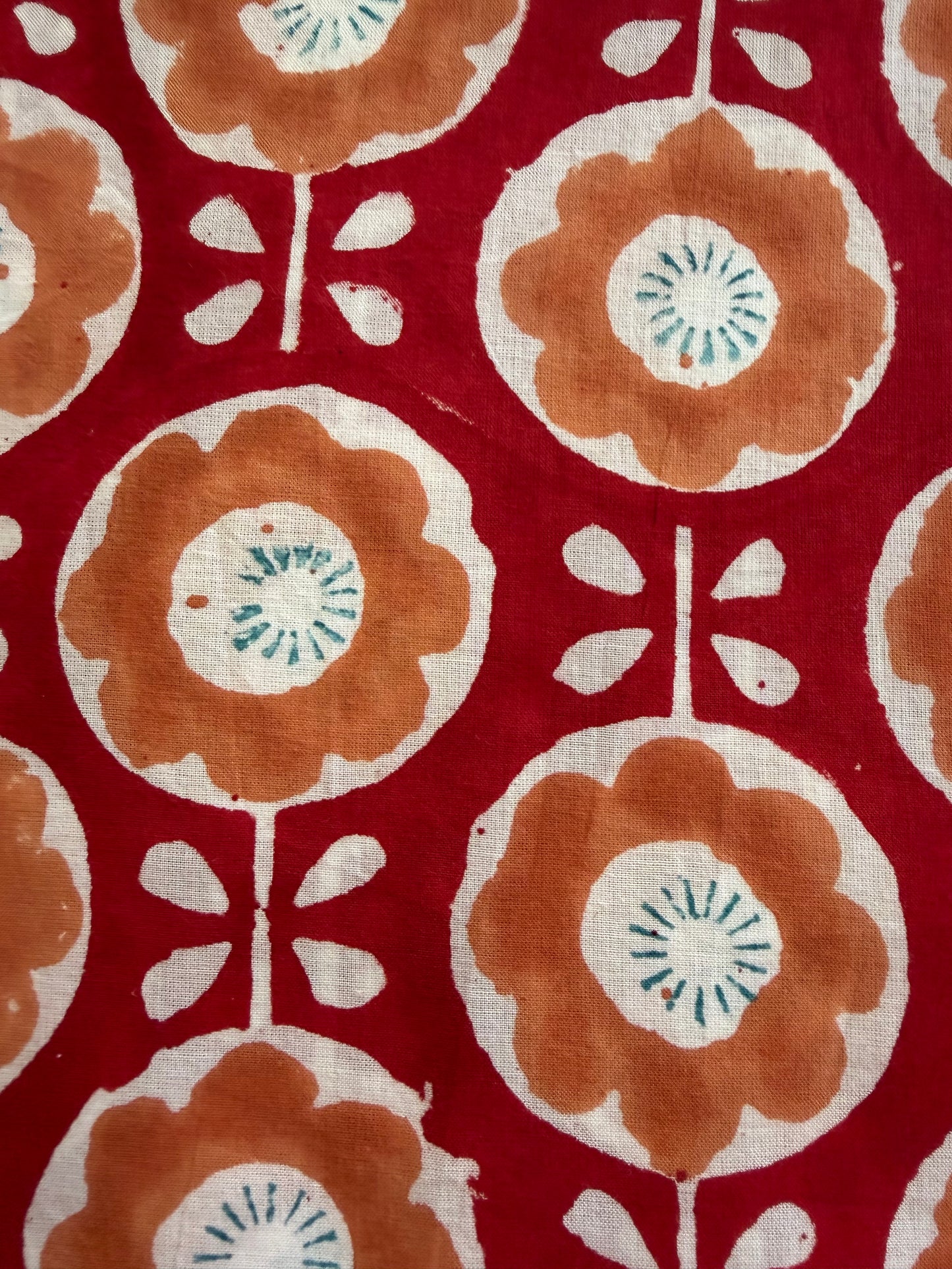 Indian Block Print Cotton Fabric - Red With Retro Orange Floral