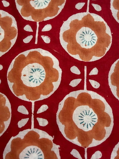 Indian Block Print Cotton Fabric - Red With Retro Orange Floral