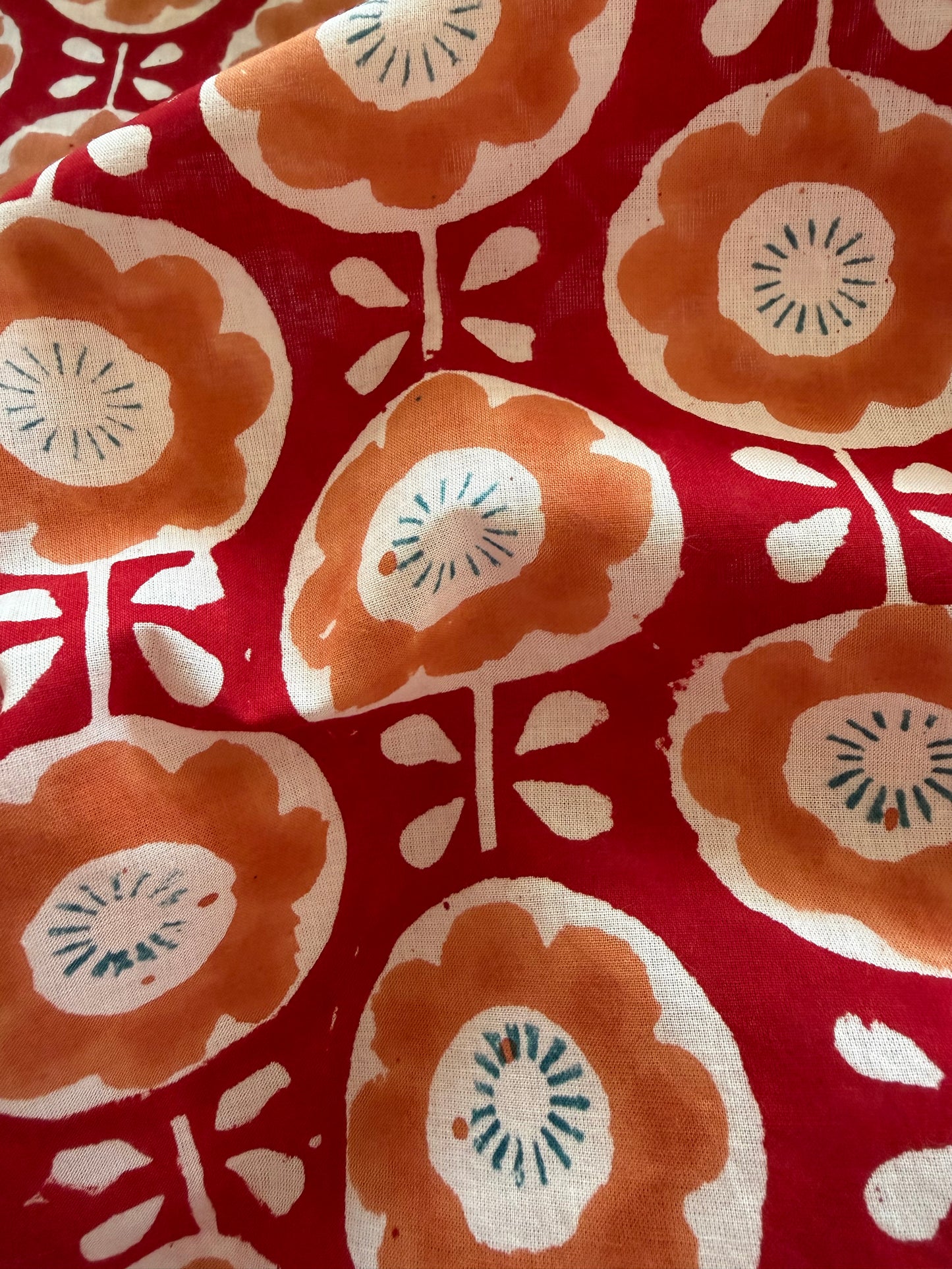 Indian Block Print Cotton Fabric - Red With Retro Orange Floral