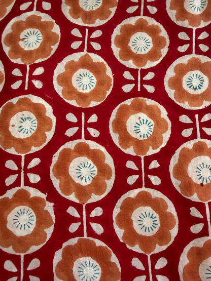 Indian Block Print Cotton Fabric - Red With Retro Orange Floral