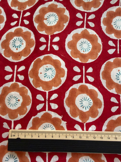 Indian Block Print Cotton Fabric - Red With Retro Orange Floral