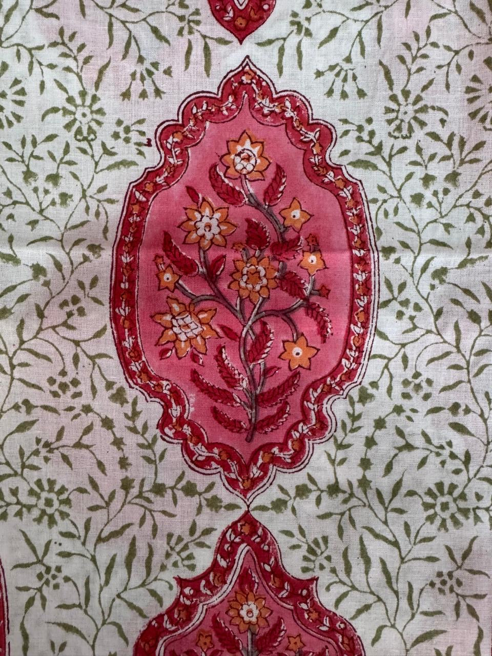 Indian Block Print Cotton Fabric - Jaipur Floral With Red & Pink Motif