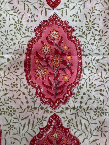Indian Block Print Cotton Fabric - Jaipur Floral With Red & Pink Motif