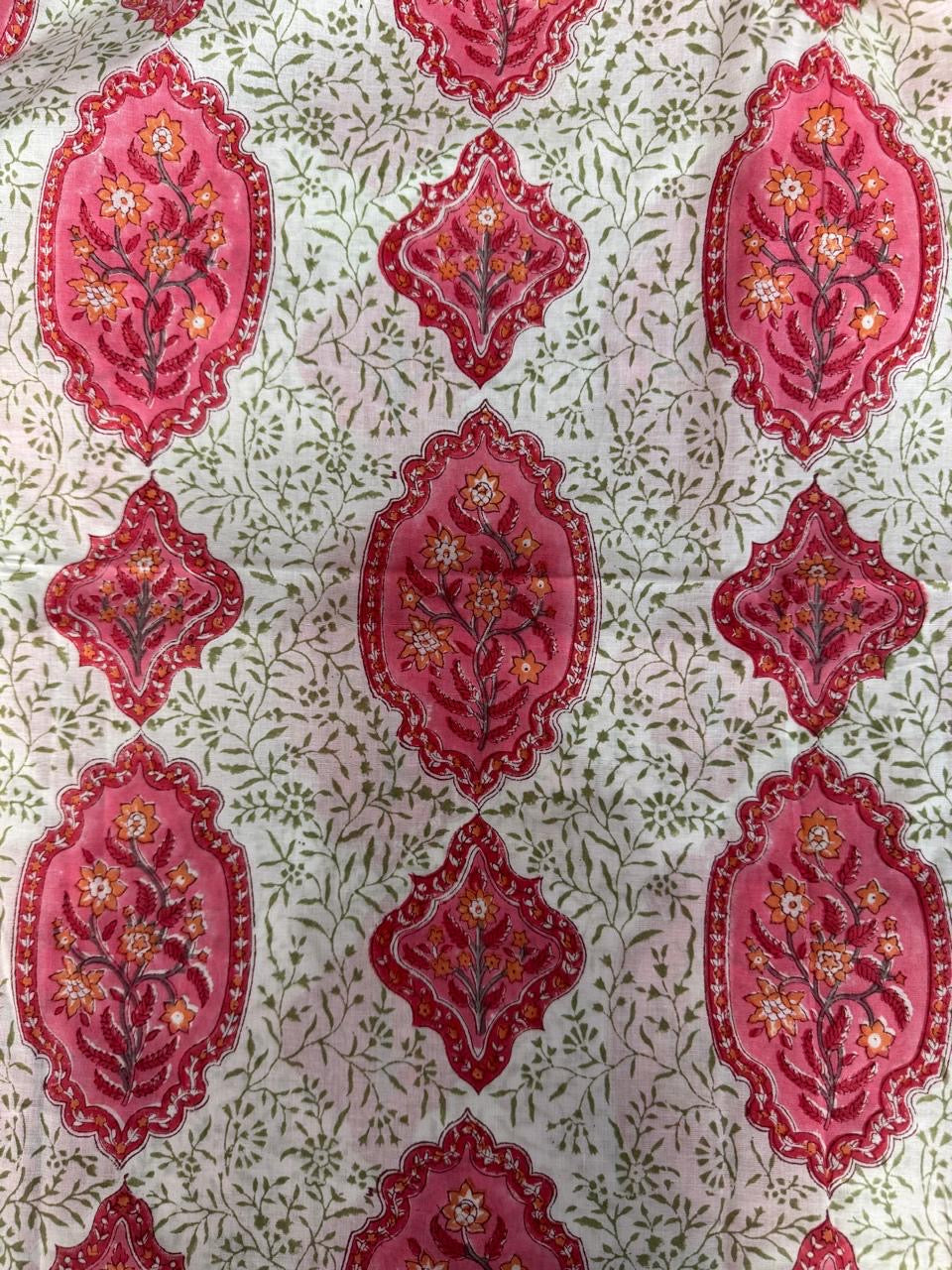 Indian Block Print Cotton Fabric - Jaipur Floral With Red & Pink Motif