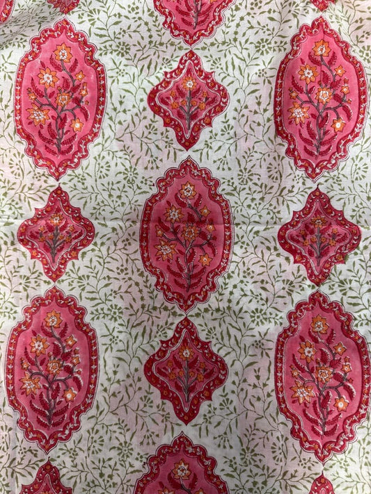 Indian Block Print Cotton Fabric - Jaipur Floral With Red & Pink Motif