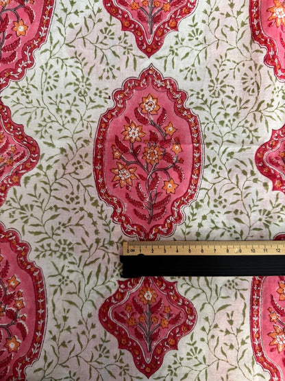Indian Block Print Cotton Fabric - Jaipur Floral With Red & Pink Motif