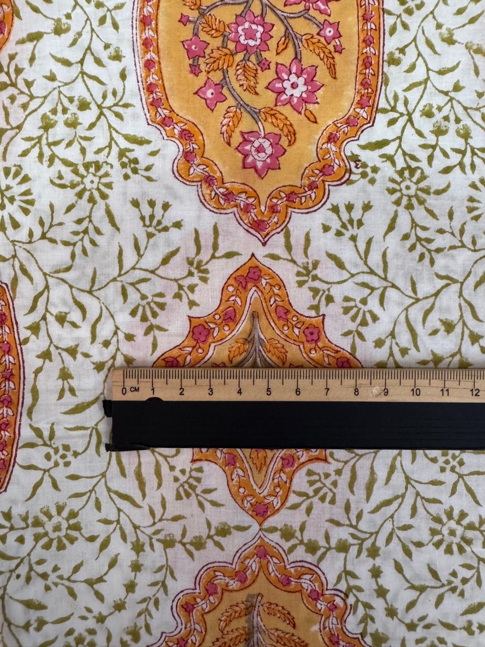 Indian Block Print Cotton Fabric - Jaipur Floral With Orange Motif