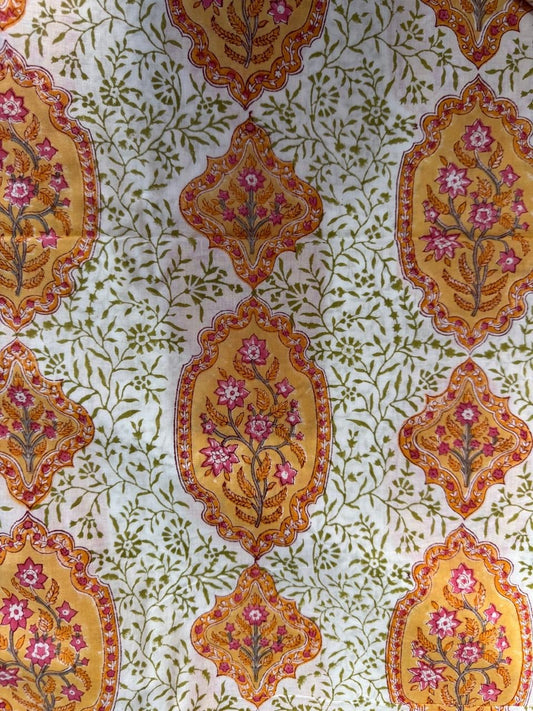 Indian Block Print Cotton Fabric - Jaipur Floral With Orange Motif
