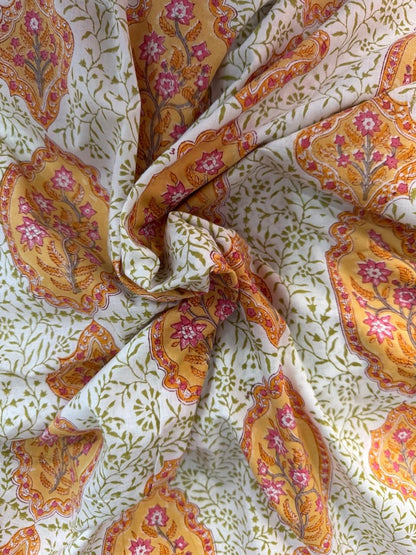 Indian Block Print Cotton Fabric - Jaipur Floral With Orange Motif