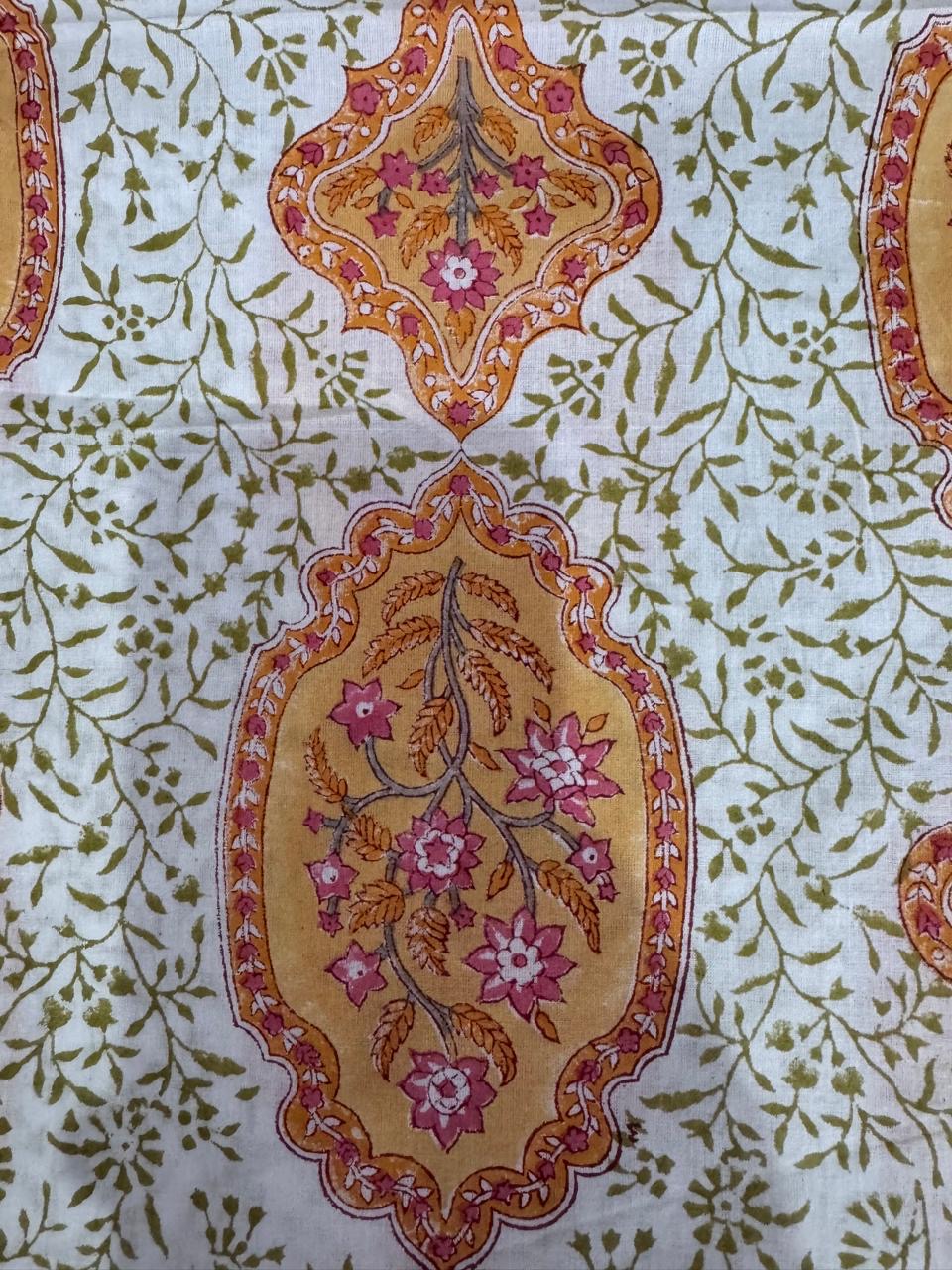 Indian Block Print Cotton Fabric - Jaipur Floral With Orange Motif