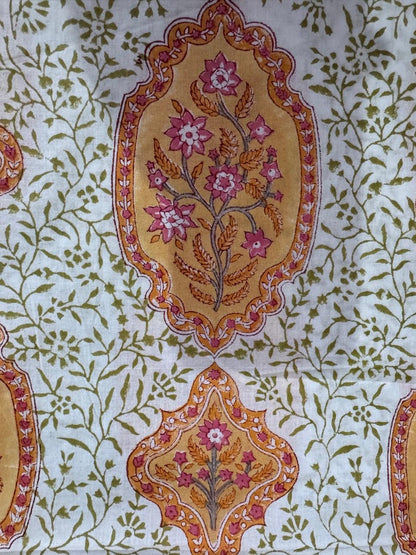 Indian Block Print Cotton Fabric - Jaipur Floral With Orange Motif