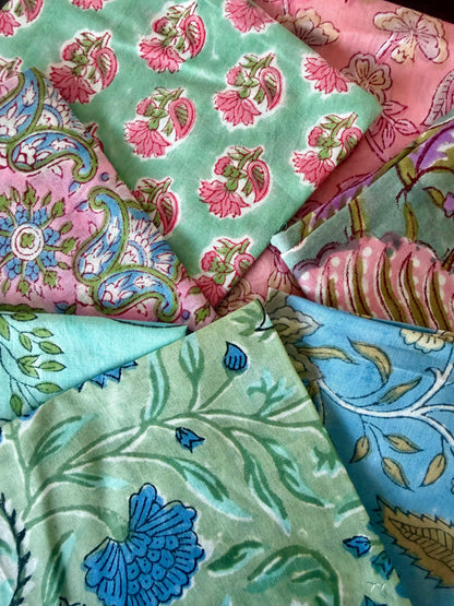 100% Cotton Block Print Fabric Bundle - Pink & Turquoise Floral