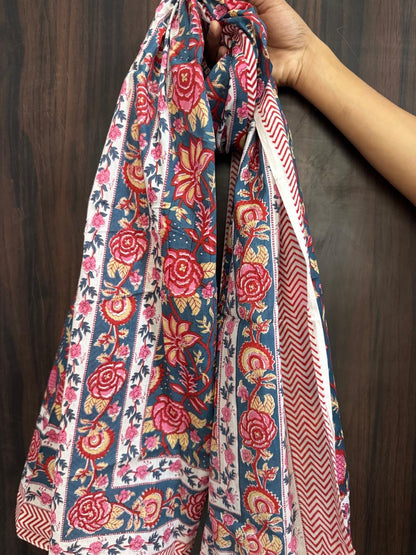 Block Print Cotton Sarong - Blue & Red Floral
