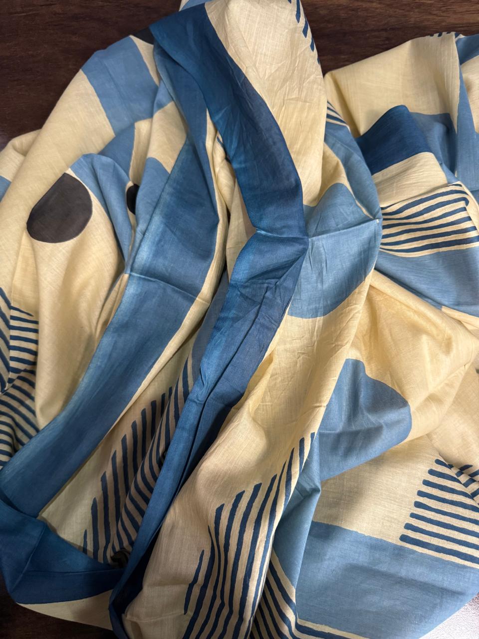 Block Print Cotton Sarong - Blue & Black Geometric