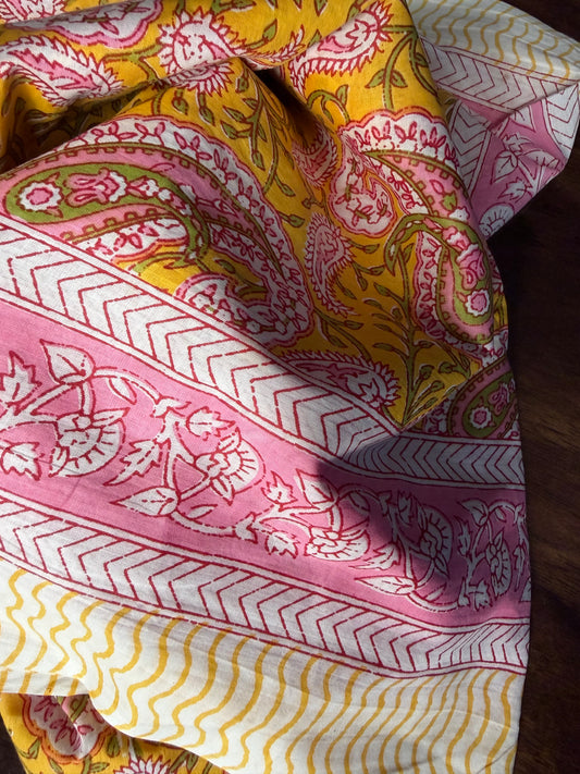 Block Print Sarong - Yellow & Pink Paisley