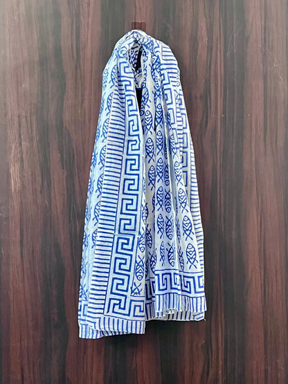 Block Print Cotton Sarong - Blue Fish