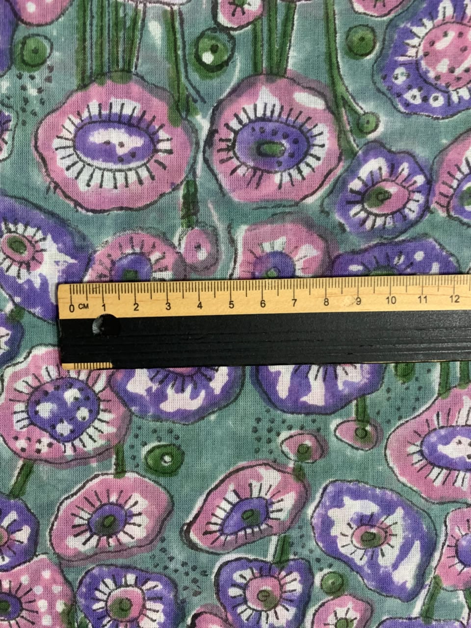 Indian Block Print Cotton Fabric - Turquoise with Pink & Mauve Poppies