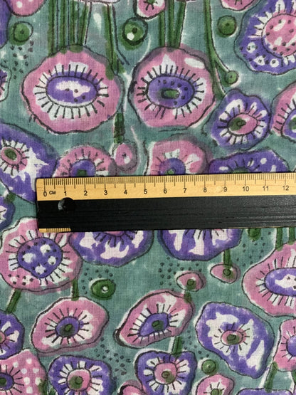 Indian Block Print Cotton Fabric - Turquoise with Pink & Mauve Poppies