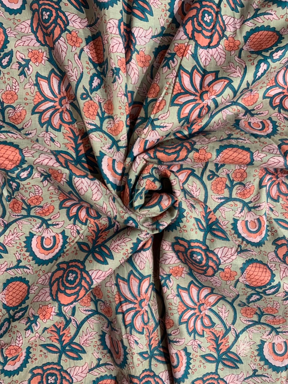Indian Block Print Cotton Fabric - Beige With Orange & Peach Floral