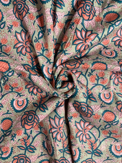 Indian Block Print Cotton Fabric - Beige With Orange & Peach Floral