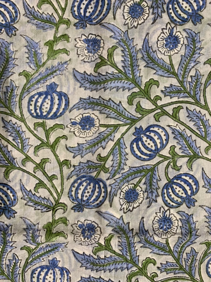 Indian Block Print Cotton Fabric - Blue Blossom