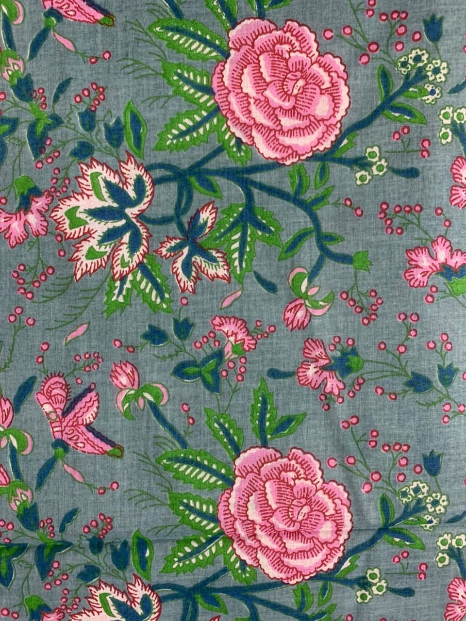 100% Indian Cotton Fabric - Turquoise With Pink Roses