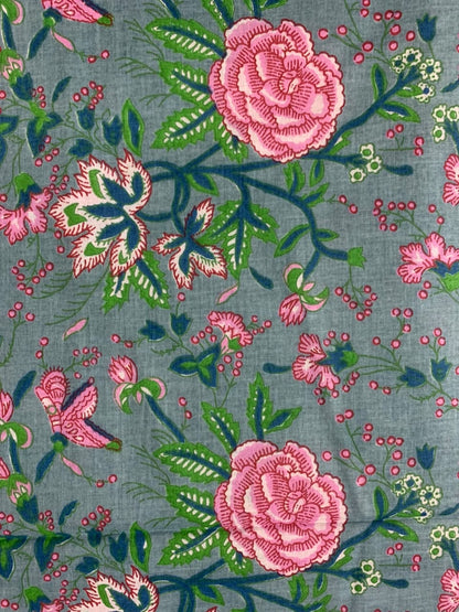 100% Indian Cotton Fabric - Turquoise With Pink Roses