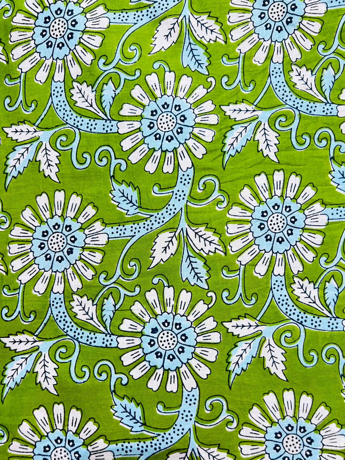 Cotton Screen Print Fabric - Green With Blue & White Daisy
