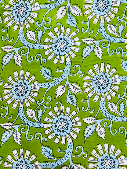 Cotton Screen Print Fabric - Green With Blue & White Daisy