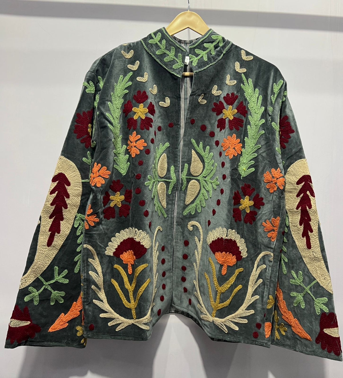 Suzani Embroidered Velvet Jacket - Dark Grey - Love