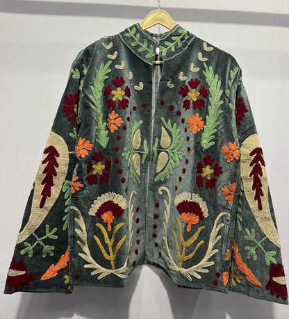 Suzani Embroidered Velvet Jacket - Dark Grey - Love