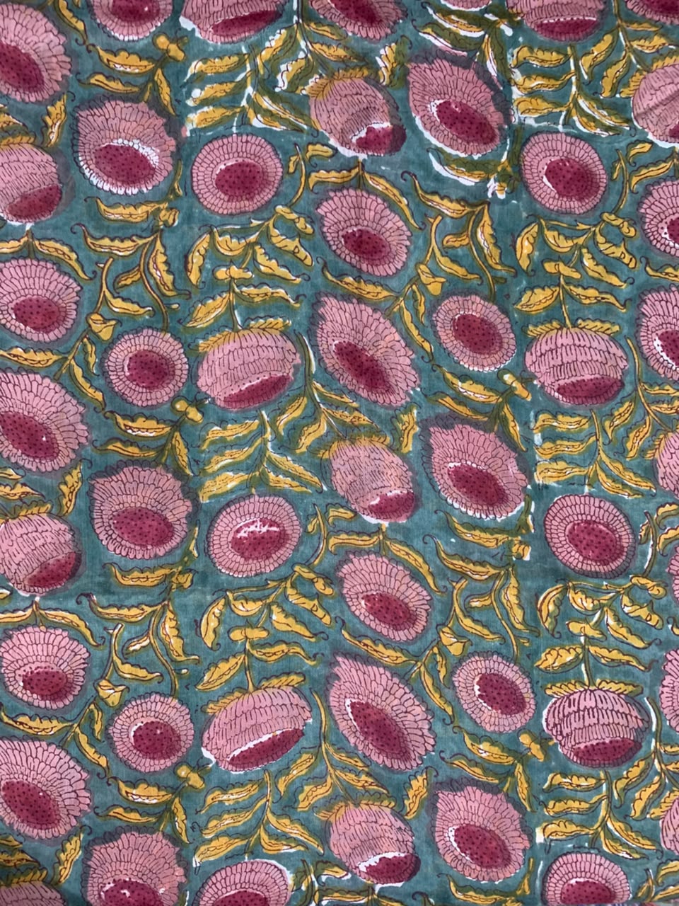 Indian Block Print Cotton Fabric - Turquoise with Pink Floral