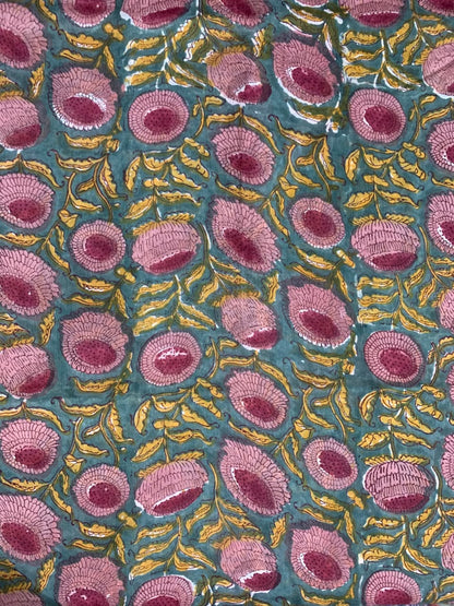 Indian Block Print Cotton Fabric - Turquoise with Pink Floral