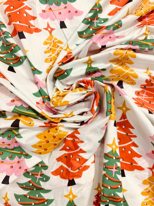 Cotton Screen Print Fabric - Christmas Trees
