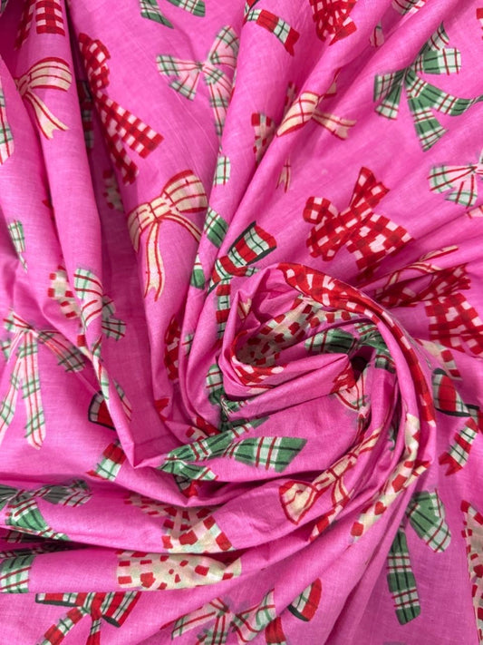 Cotton Screen Print Fabric - Pink Bows