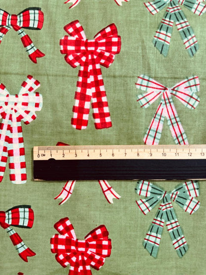 Cotton Screen Print Fabric - Green Bows