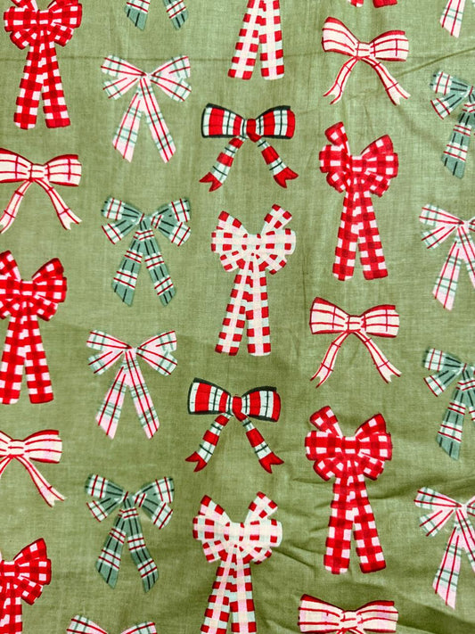 Cotton Screen Print Fabric - Green Bows