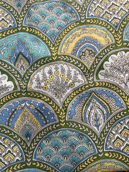 Cotton Screen Print Fabric - Turquoise, Yellow and Green Floral Scallop
