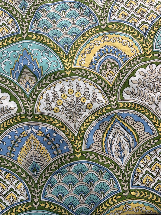 Cotton Screen Print Fabric - Turquoise, Yellow and Green Floral Scallop