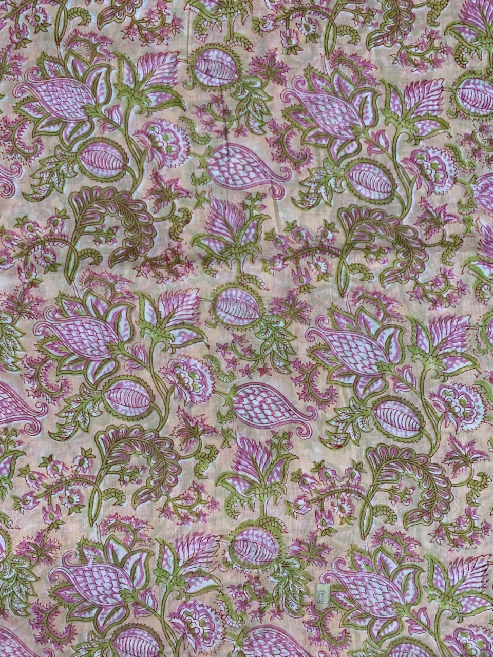 Indian Block Print Cotton Fabric - Pink Bell Floral on Cream