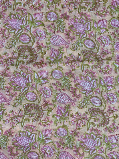 Indian Block Print Cotton Fabric - Pink Bell Floral on Cream