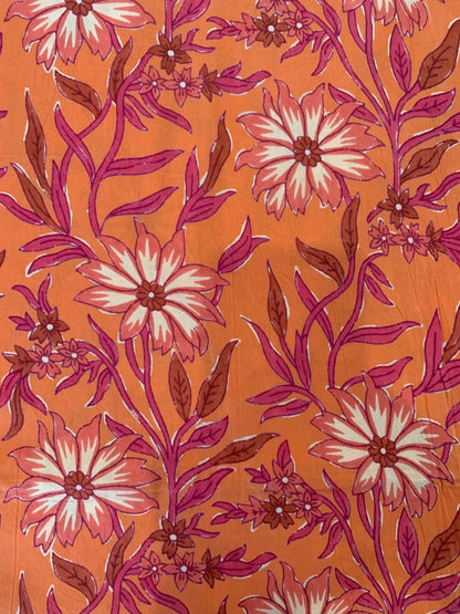 Indian Block Print Cotton Fabric - Orange With White Daisy & Pink Leaves