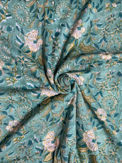 Indian Block Print Cotton Fabric - Turquoise With White & Yellow Floral