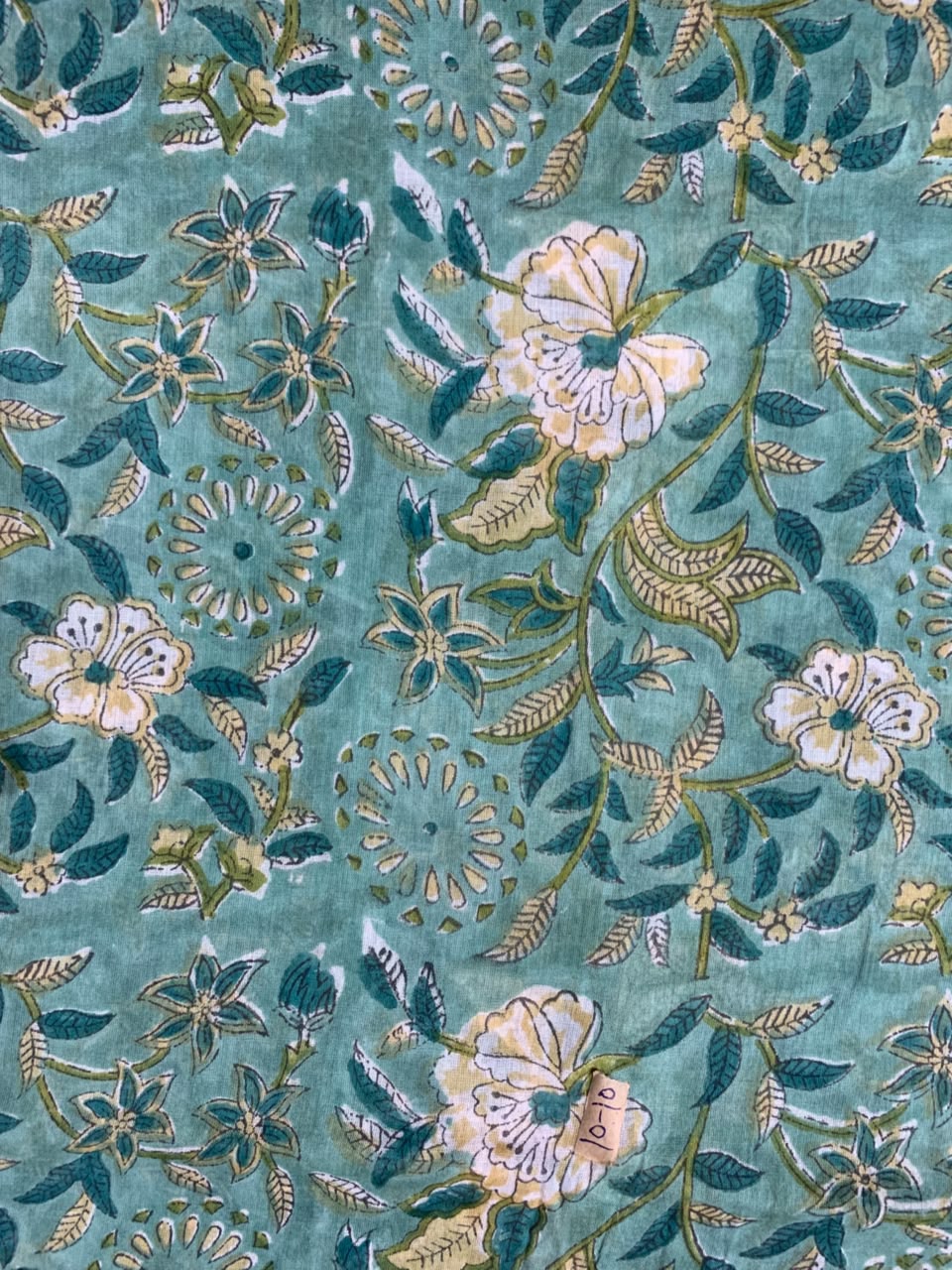 Indian Block Print Cotton Fabric - Turquoise With White & Yellow Floral