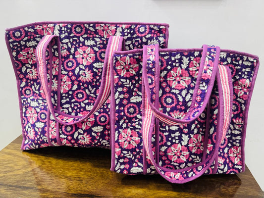 Large Quilted Tote Bag With Zip - Pink & Purple Floral