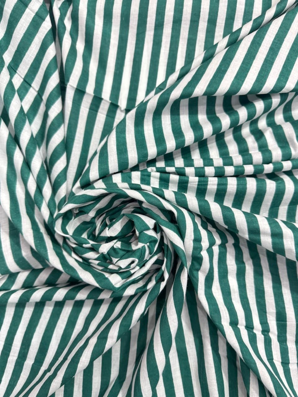 Cotton Screen Print Fabric - Green & White Stripe