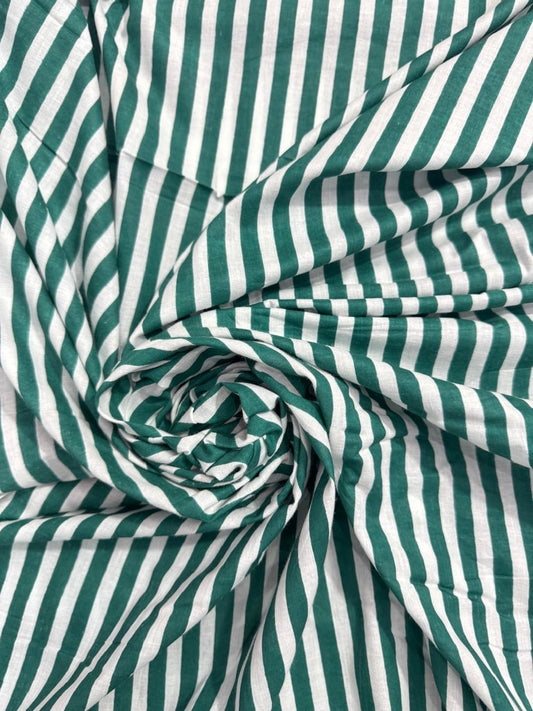Cotton Screen Print Fabric - Green & White Stripe