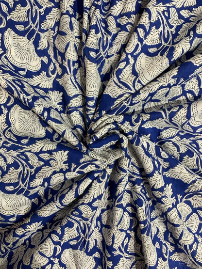 100% Indian Cotton Fabric - Classic Blue & White Floral