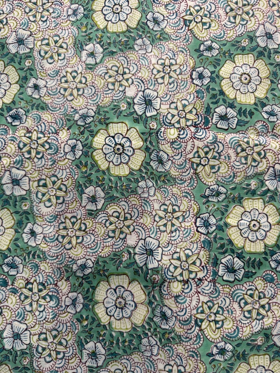 Indian Block Print Cotton Fabric - Green Retro Floral